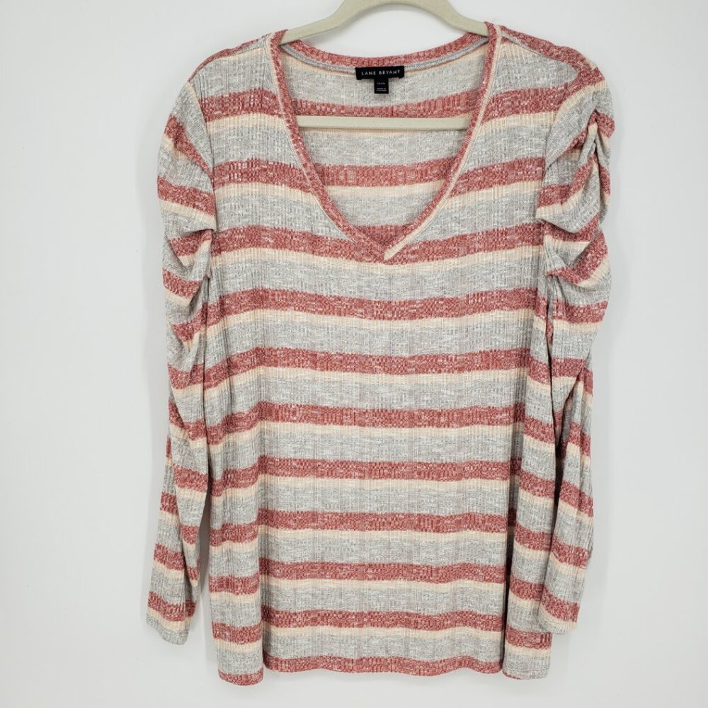 Lane‎ Bryant Striped Ribbed Knit Top 14 16 V Neck Ruched Long Sleeves Red Gray